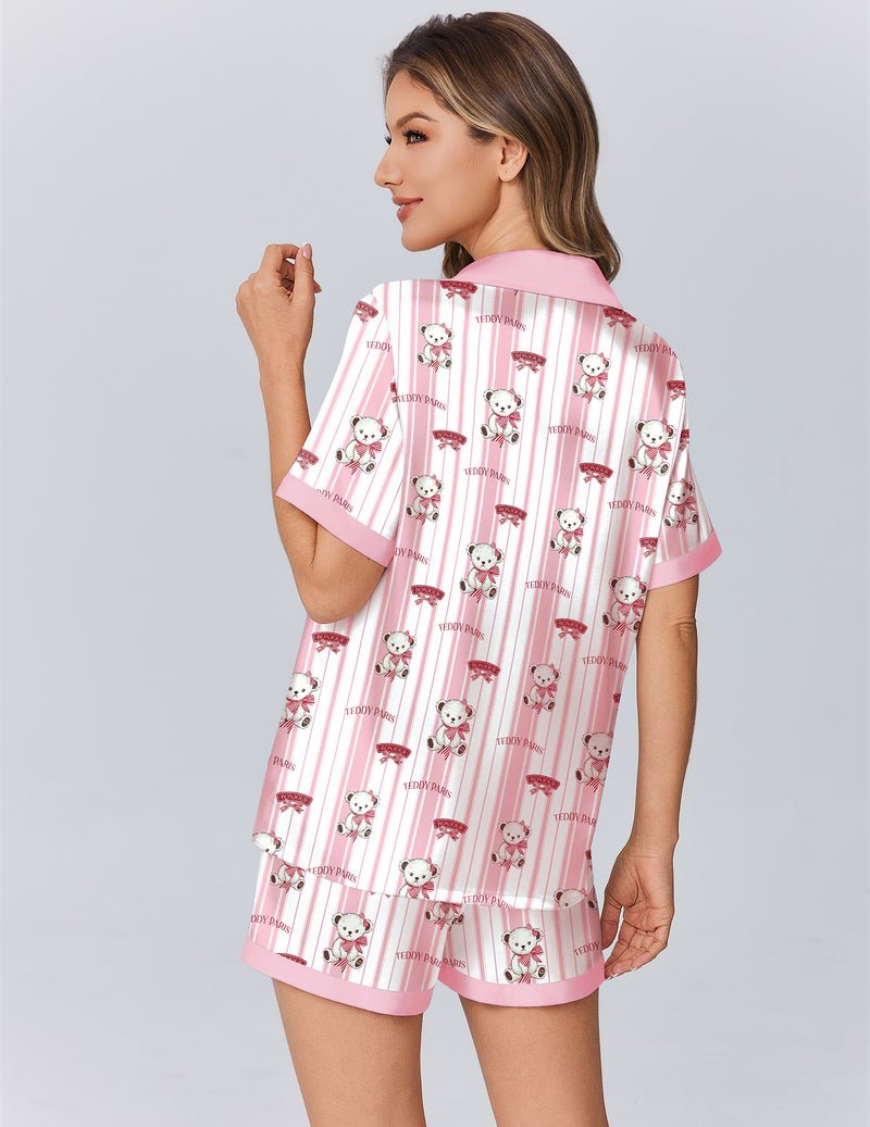 Pyjama Teddy rose rayé, haut au dos et short assorti, coupe encolure ouverte