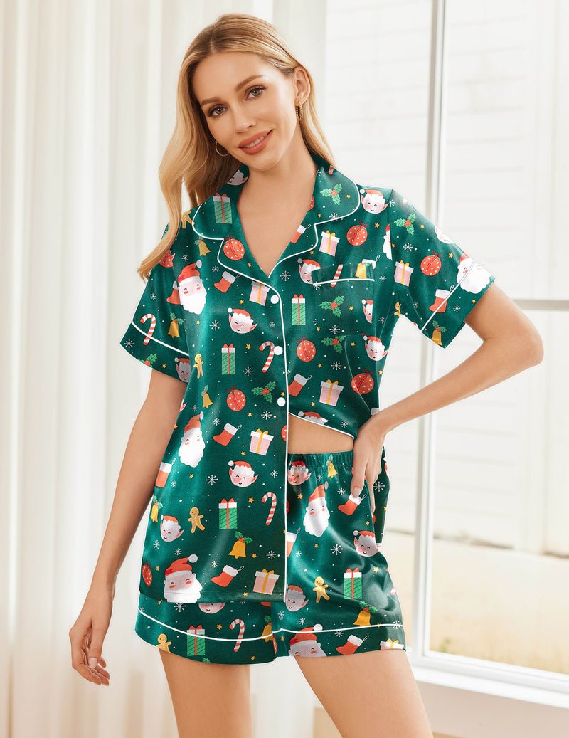 Two-piece silk pajama set with short sleeves, dark green holiday print with snowmen