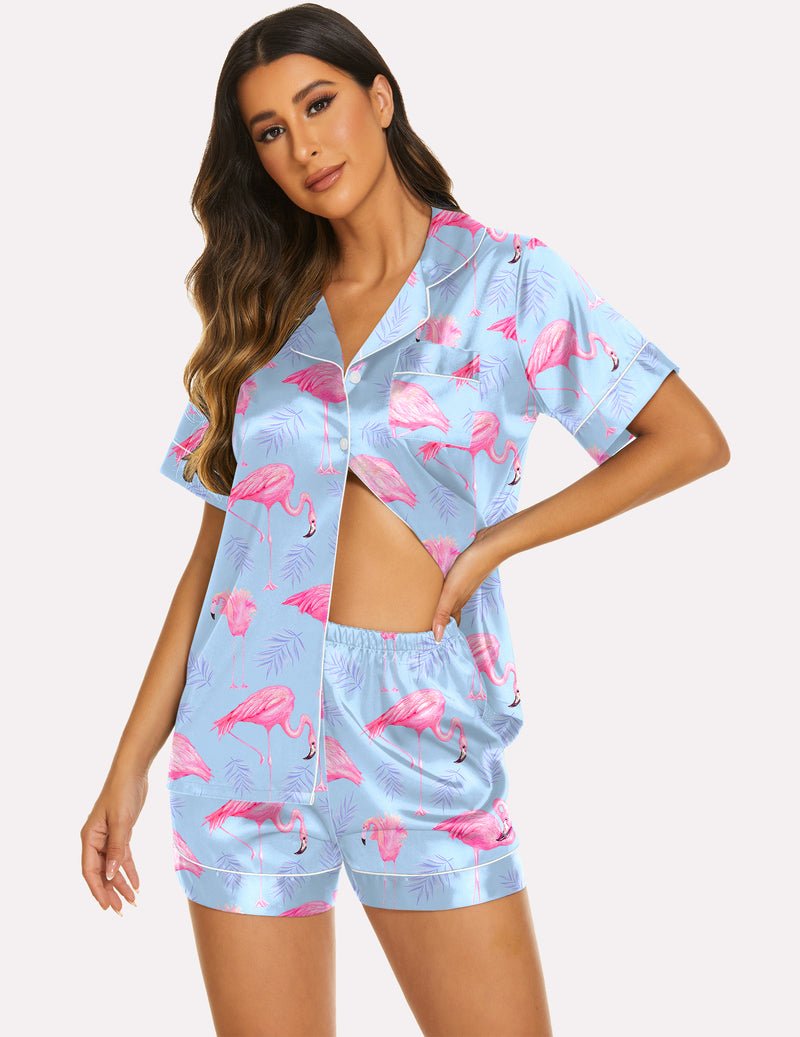 Two-piece silk pajama set with short sleeves, light blue flamingo pattern