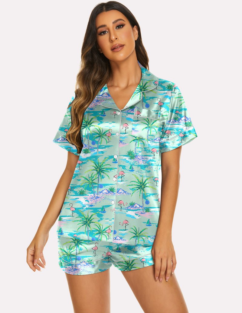 Two-piece silk pajama set with short sleeves, blue tropical flamingo print