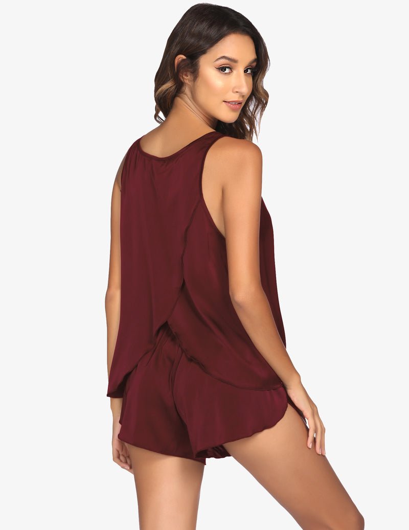 Wine-red satin top and shorts set, side view of flowy camisole and elastic-waist shorts