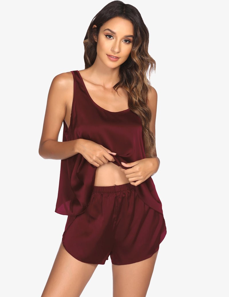 Wine-red satin top and shorts set, sleeveless camisole with matching elastic-waist shorts