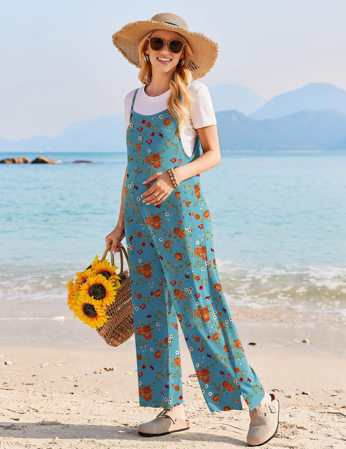 Ekouaer Sleeveless Boho Wide Leg Floral Rompers