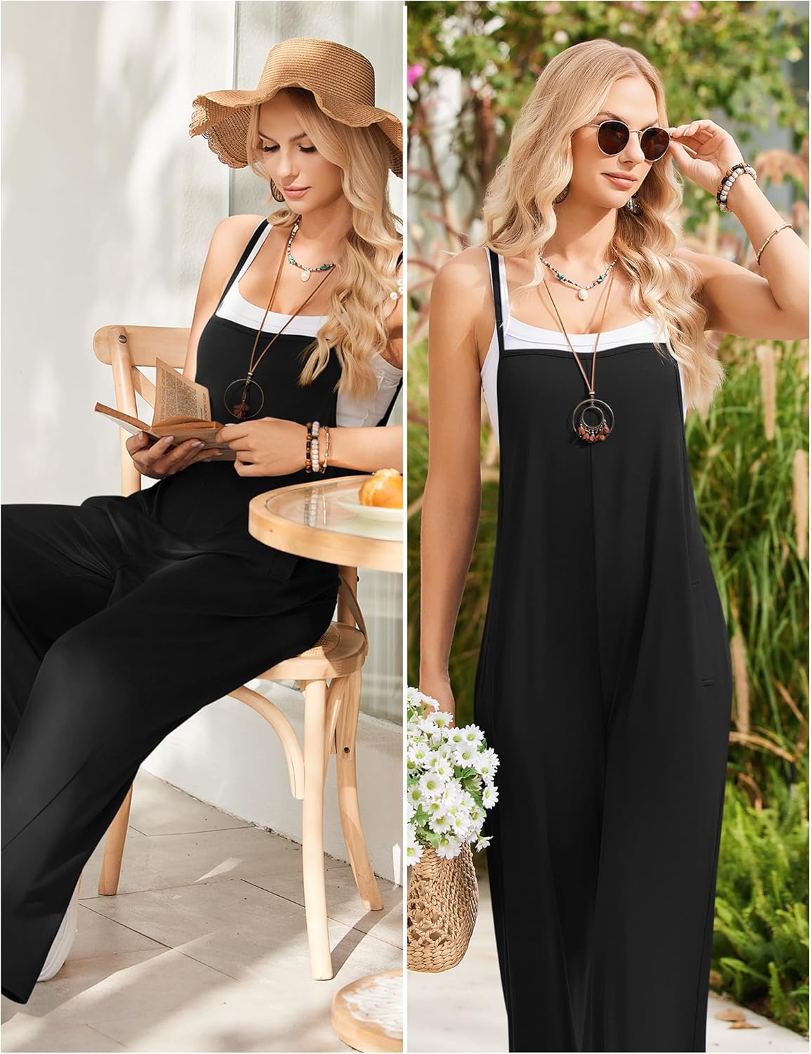 Ekouaer Sleeveless Boho Wide Leg Floral Rompers