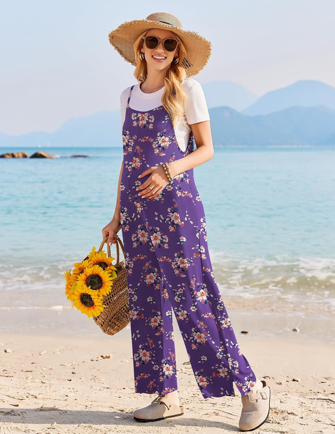 Ekouaer Sleeveless Boho Wide Leg Floral Rompers