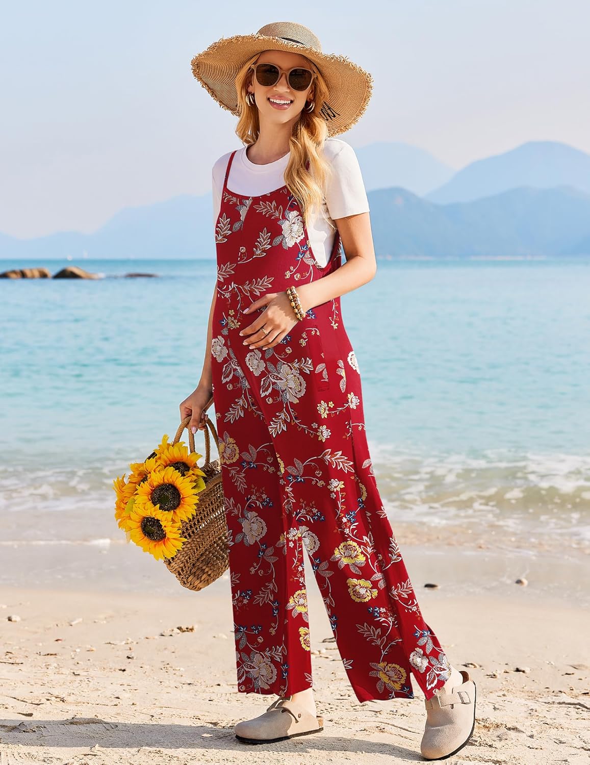 Ekouaer Sleeveless Boho Wide Leg Floral Rompers