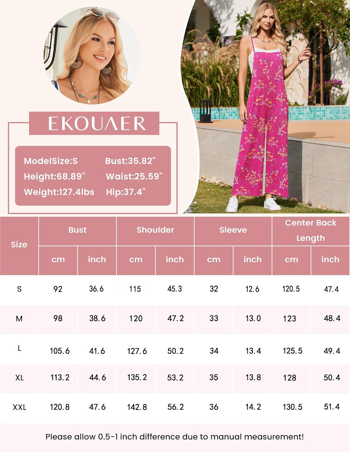 Ekouaer Sleeveless Boho Wide Leg Floral Rompers