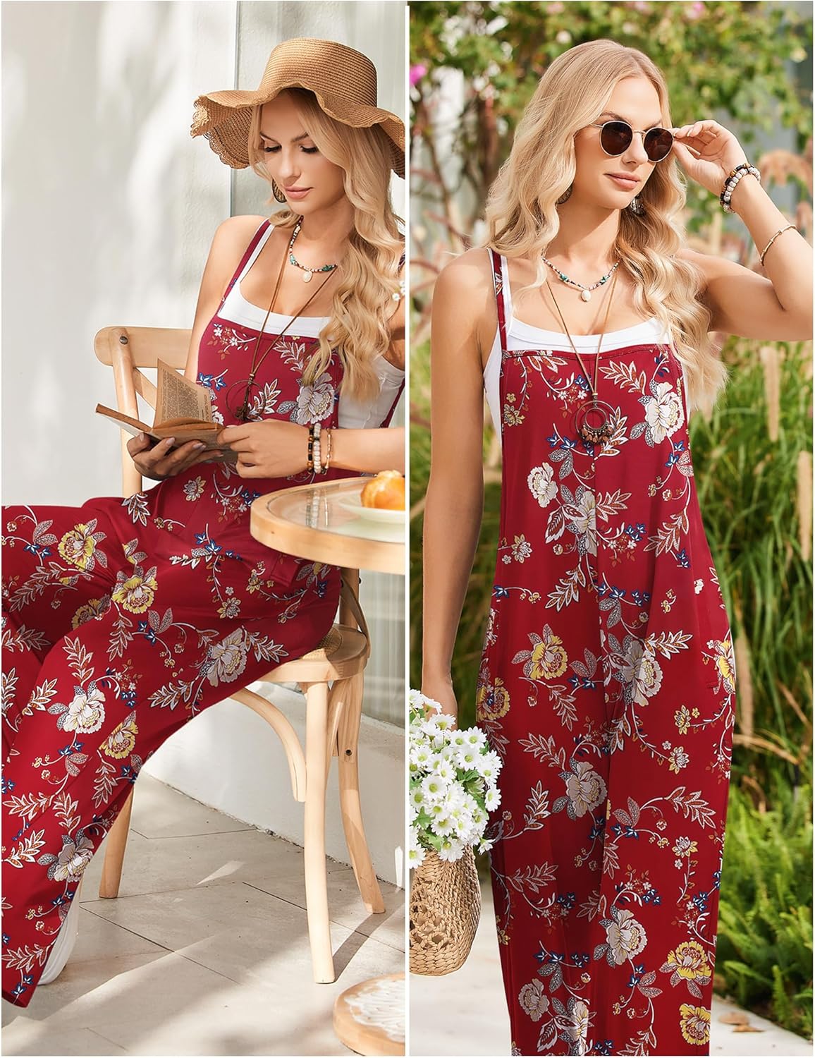 Ekouaer Sleeveless Boho Wide Leg Floral Rompers