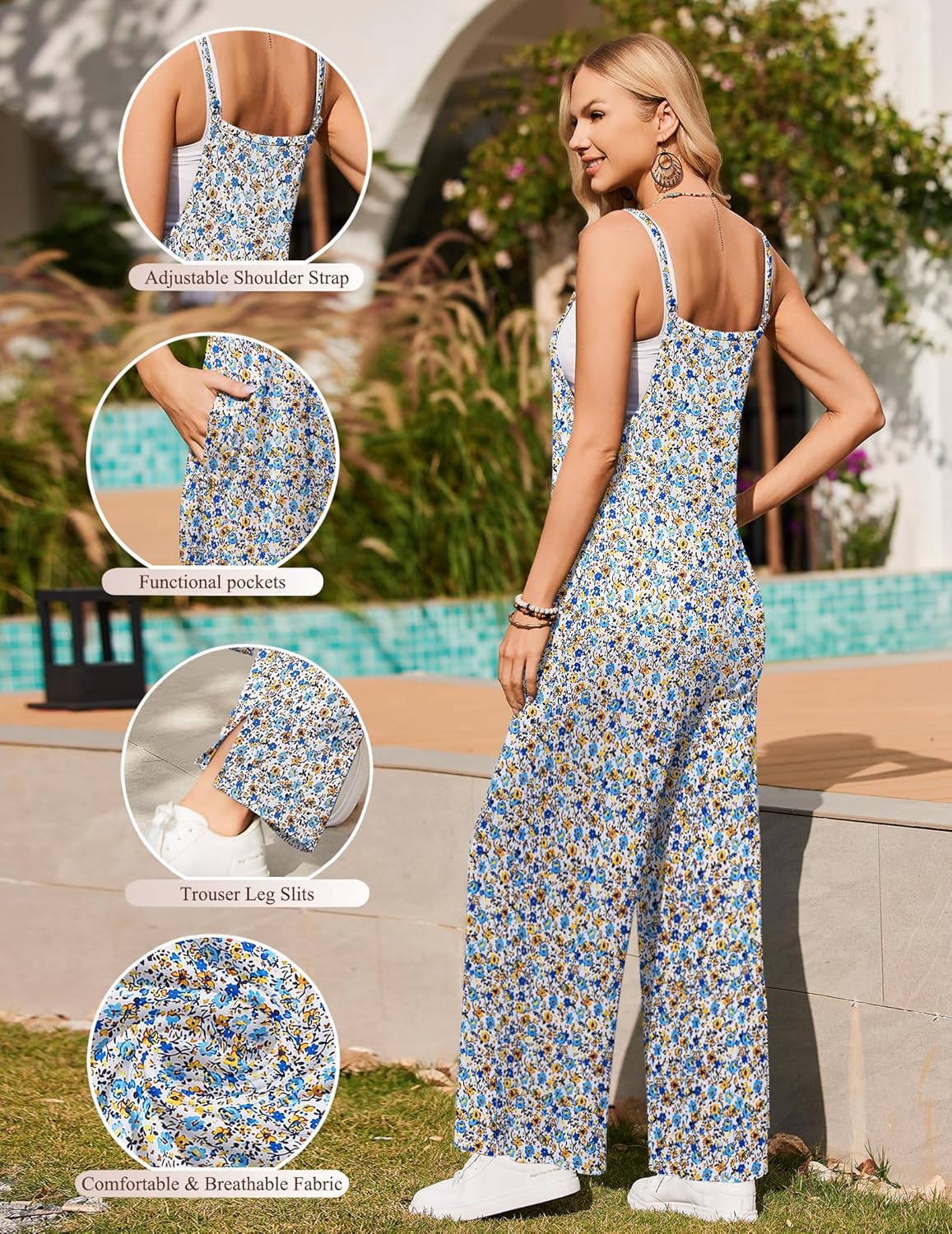Ekouaer Sleeveless Boho Wide Leg Floral Rompers