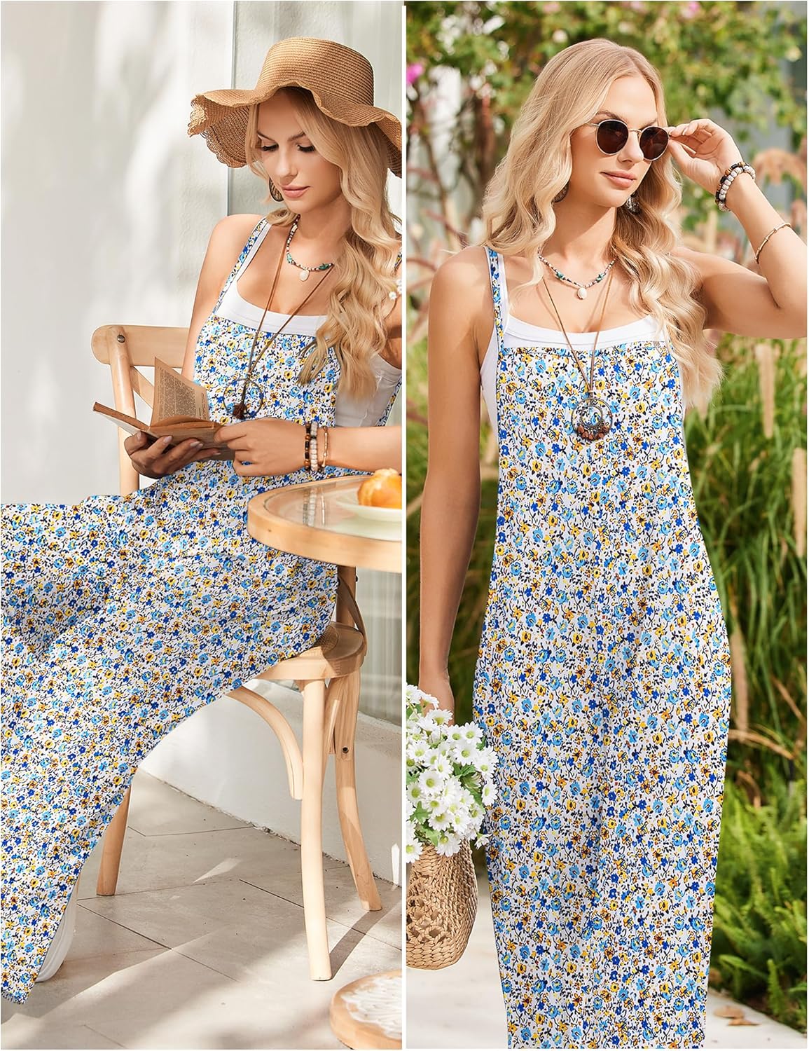 Ekouaer Sleeveless Boho Wide Leg Floral Rompers