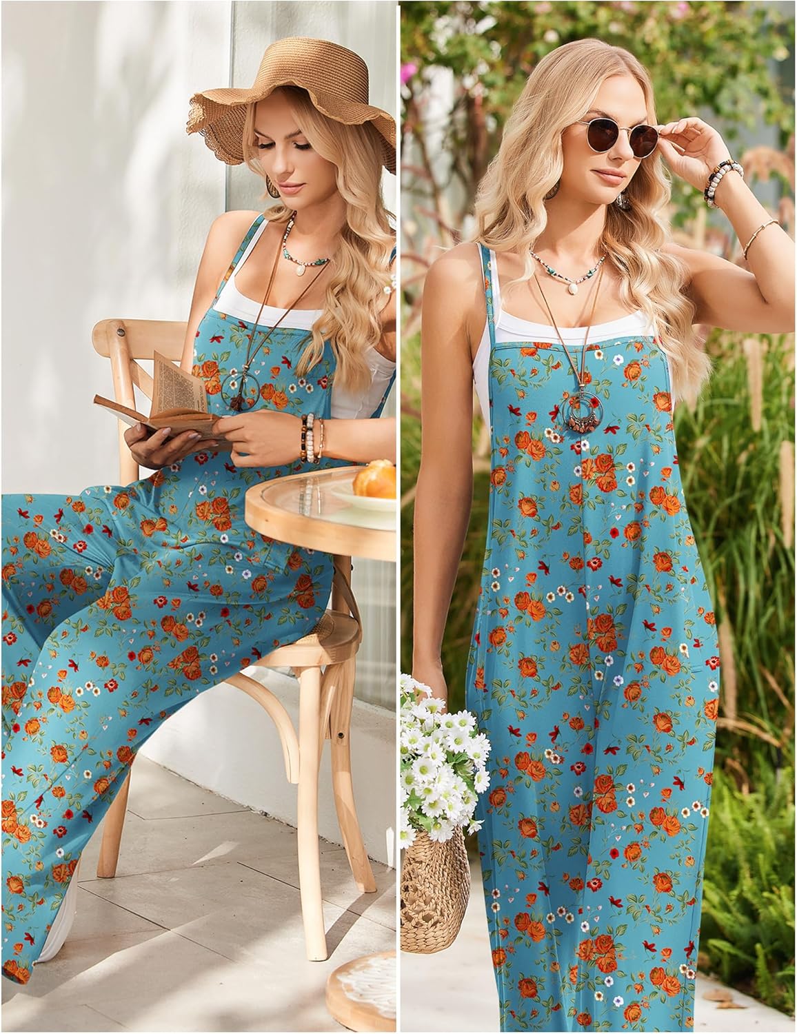 Ekouaer Sleeveless Boho Wide Leg Floral Rompers