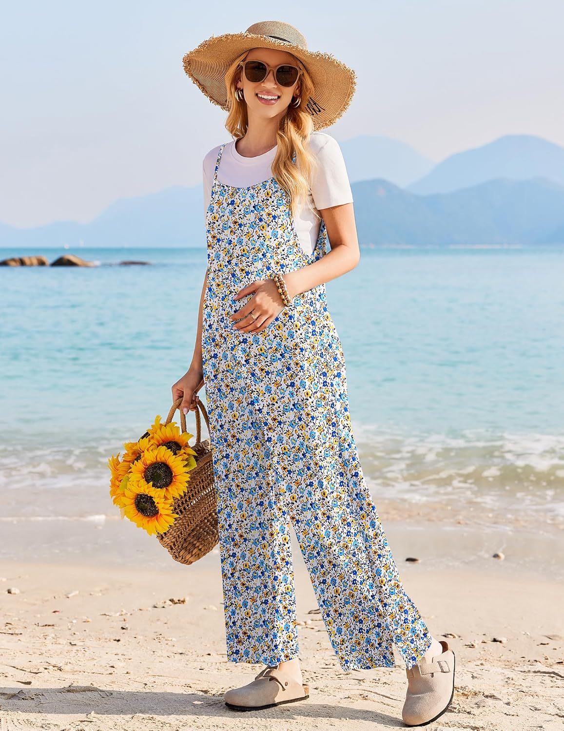 Ekouaer Sleeveless Boho Wide Leg Floral Rompers