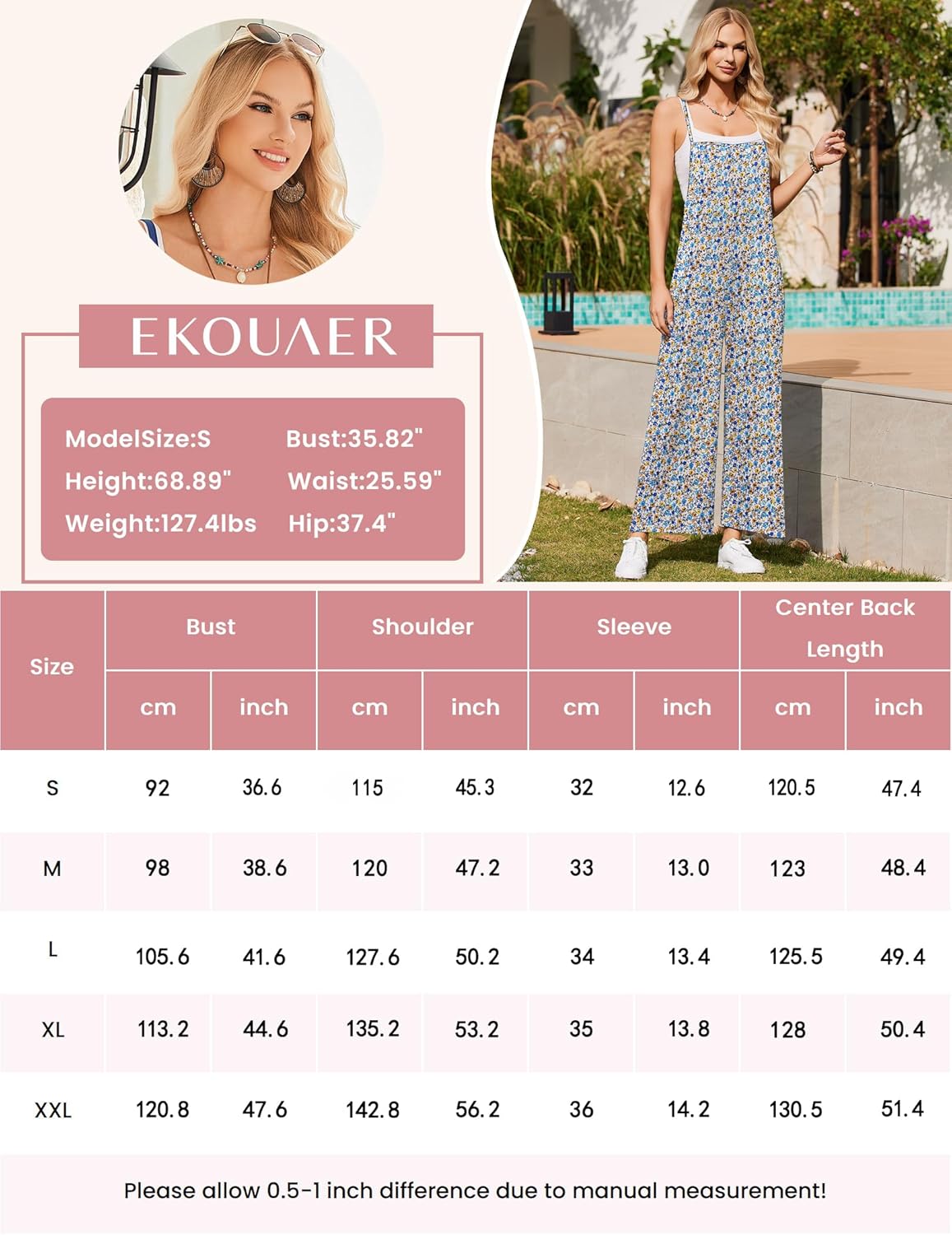Ekouaer Sleeveless Boho Wide Leg Floral Rompers