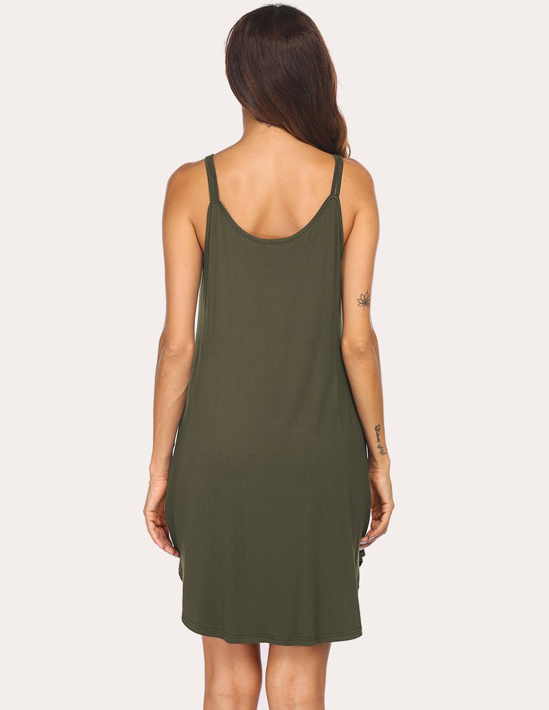 Back view of army green sleeveless nursing button dress with long shoulder straps