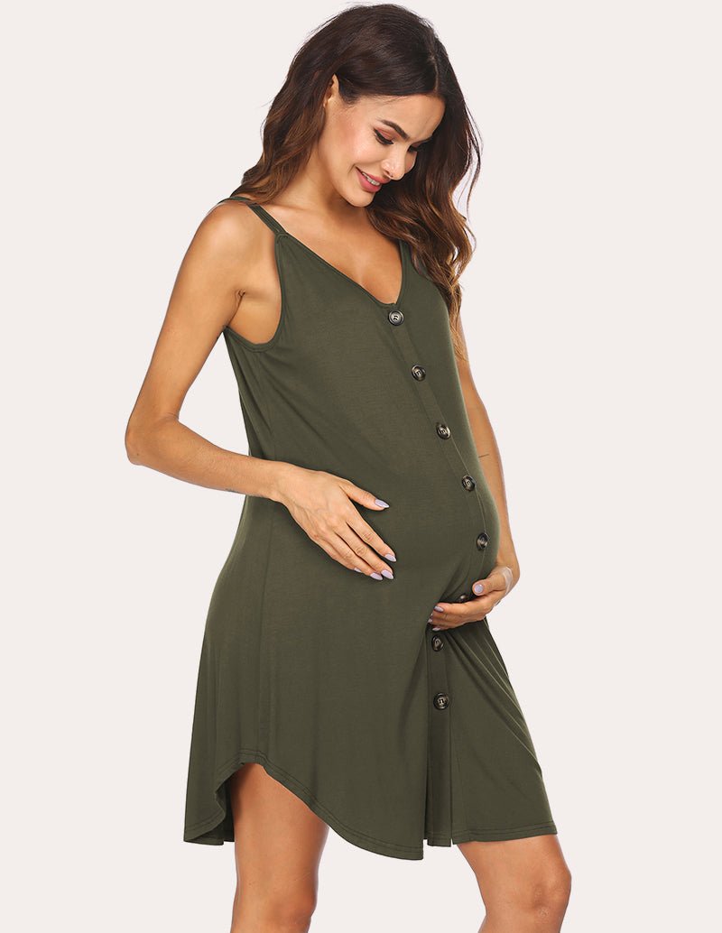 Army green sleeveless nursing dress with V-neck and button front; side-slit hem