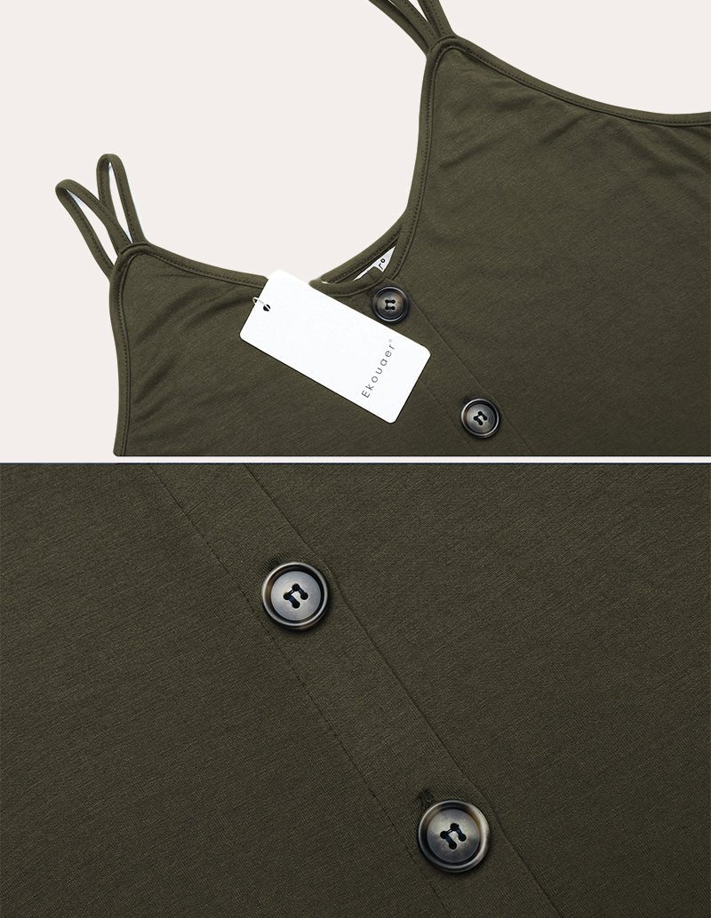 Close-up of olive nursing dress buttons on sleeveless V-neck placket