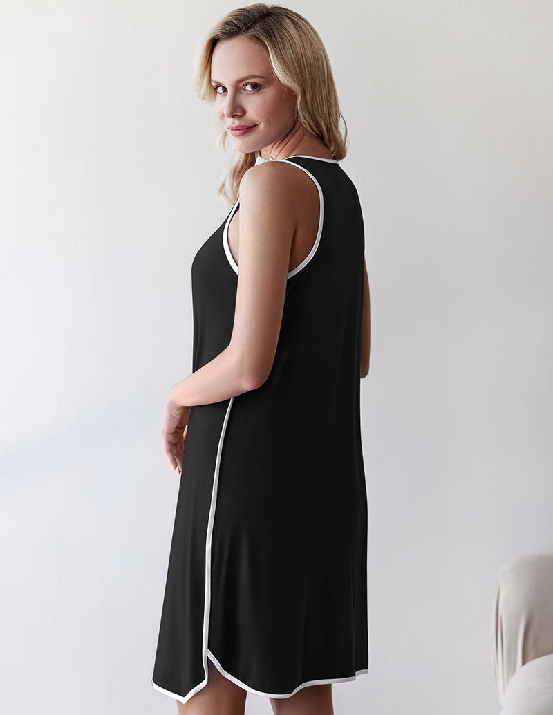 Black sleeveless nursing nightgown dress shown from the back with white trim