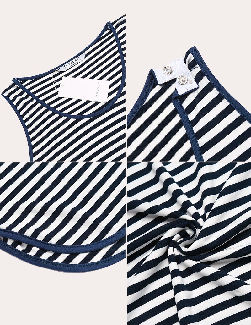Sleeveless nursing nightgown dress with navy-and-white stripe print, scoop neck
