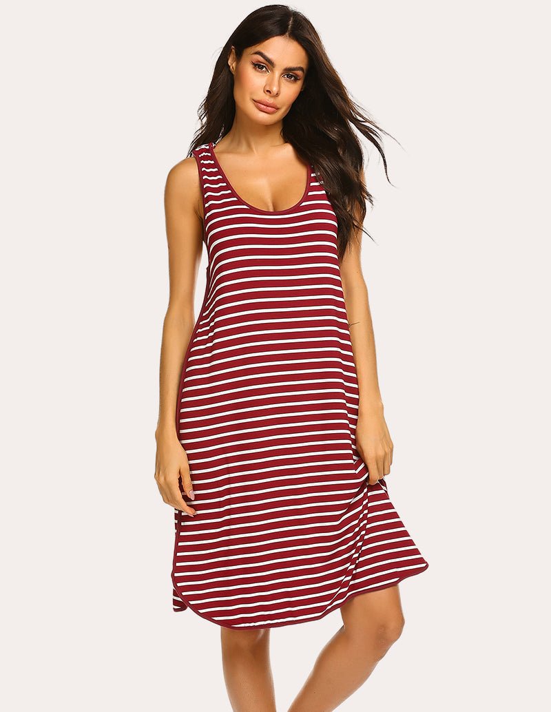 Red striped sleeveless nursing nightgown dress with scoop neck, knee length