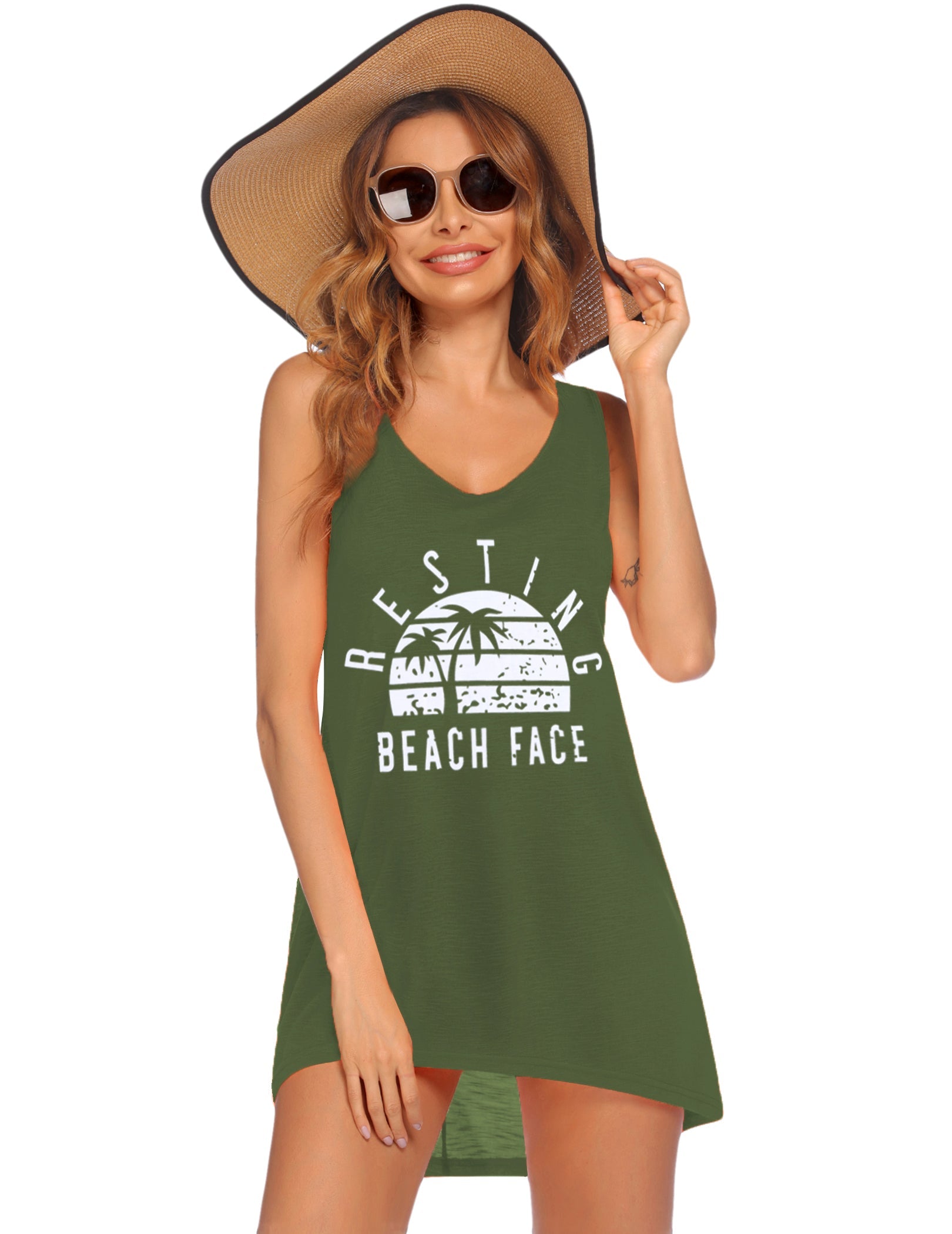 Green sleeveless beach dress with palm tree and 'BEACH FACE' graphic