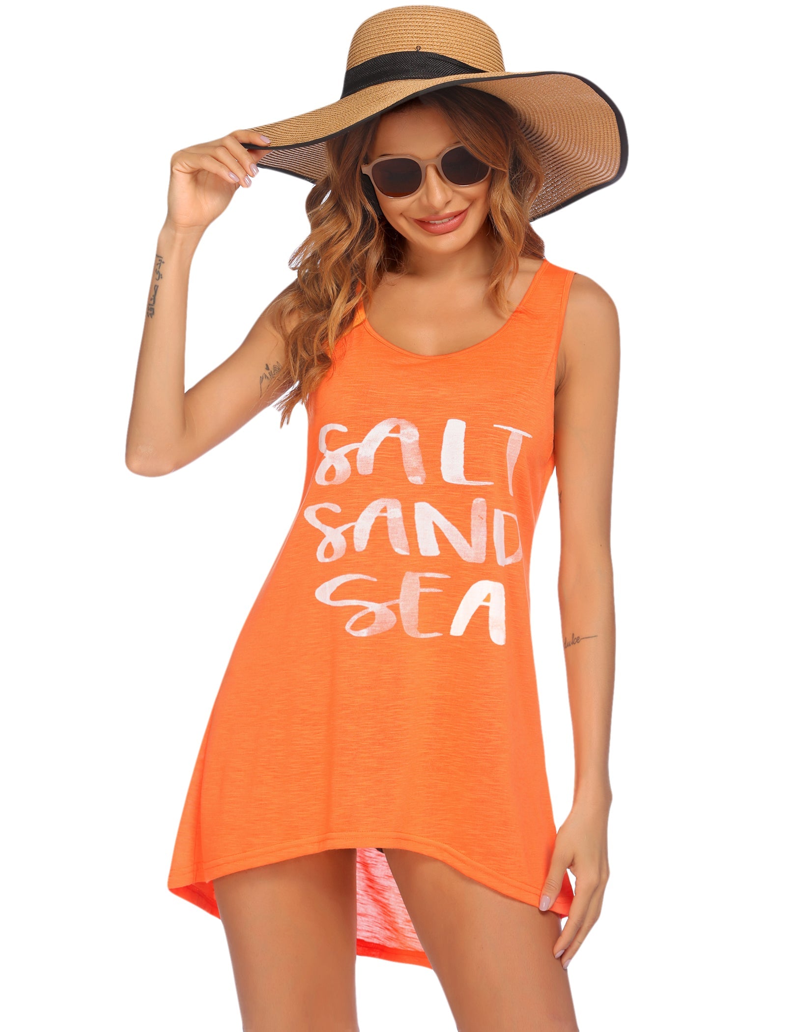 Orange sleeveless beach dress with 'SALt SAND SEA' graphic print