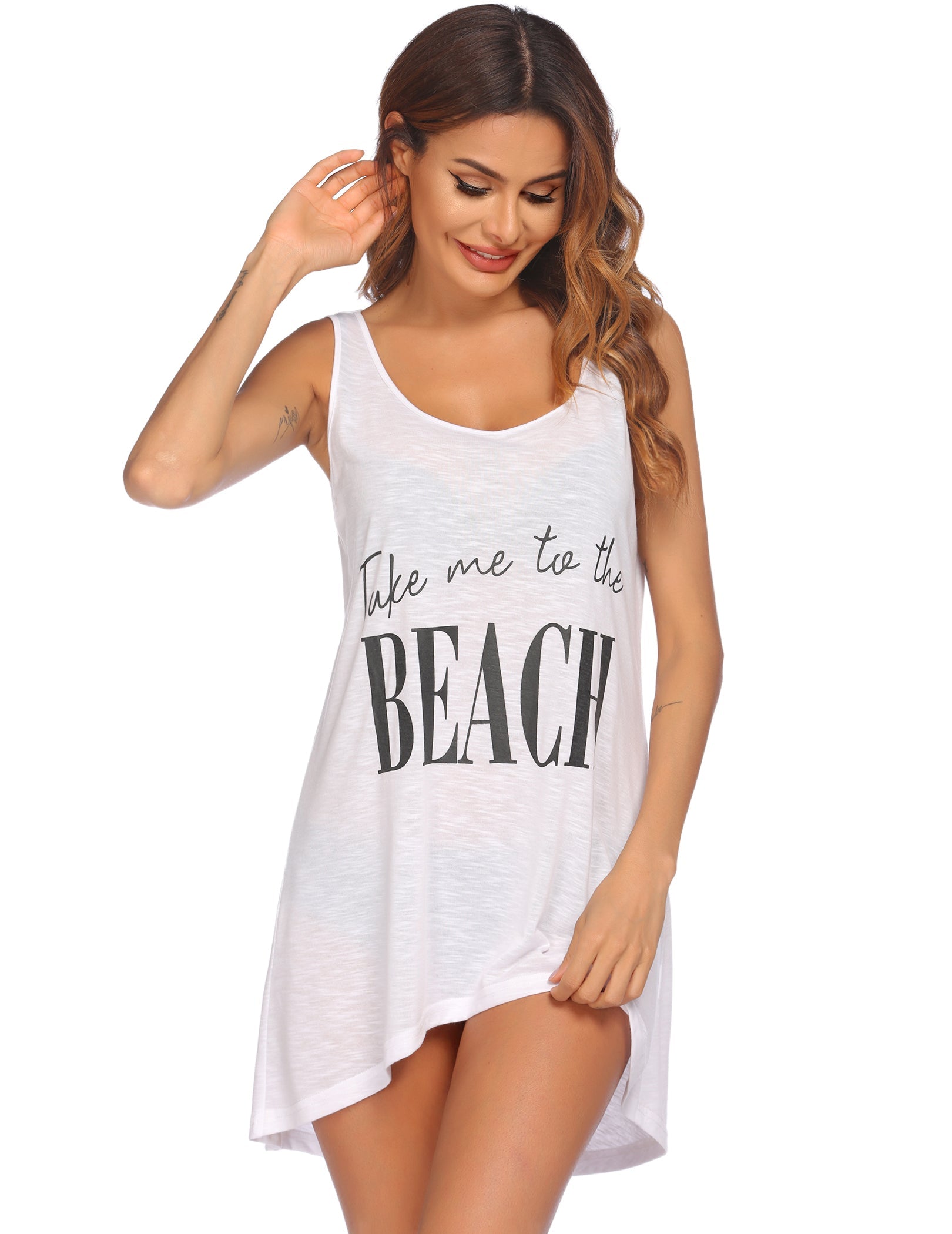 White sleeveless beach dress with 'Take me to the BEACH' text print