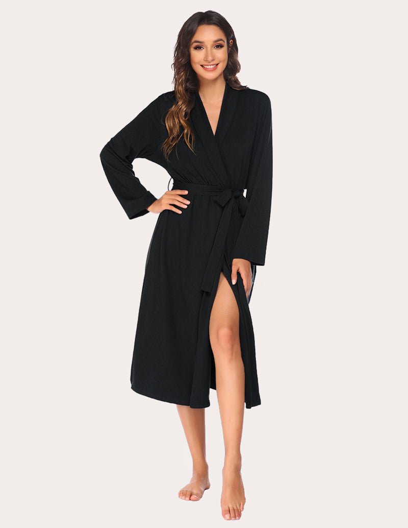 Black soft knit kimono bathrobe with tie belt, V-neck, long sleeves