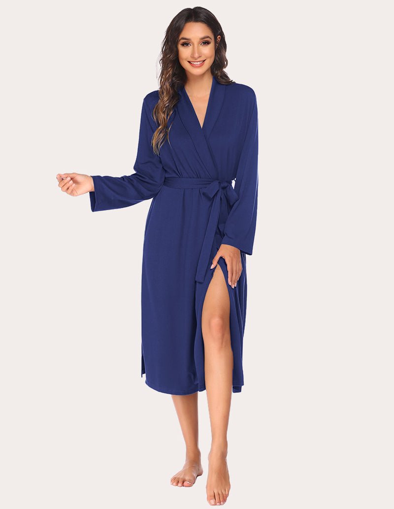 Dark blue soft knit kimono bathrobe with tie waist belt and V-neck