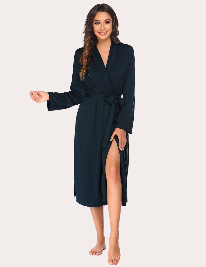 Dark green soft knit kimono bathrobe with tie belt and V-neck opening