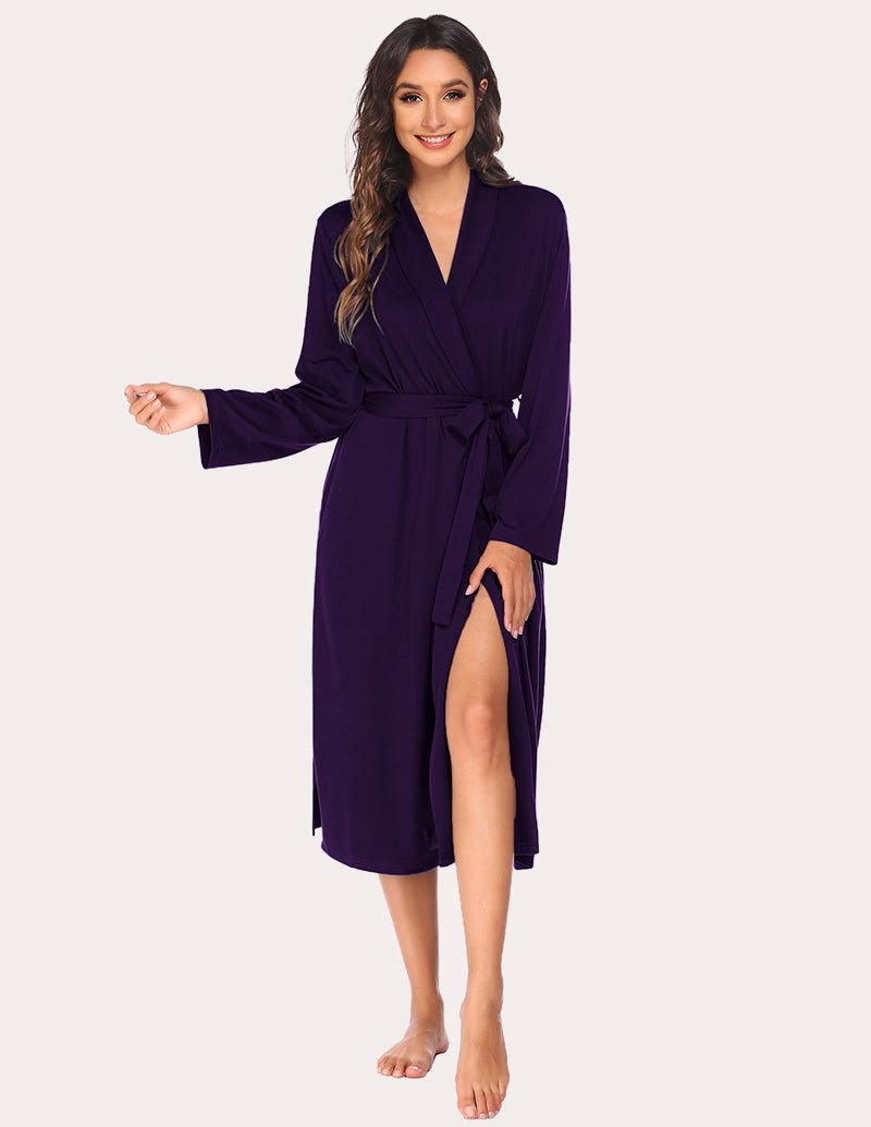Dark purple soft knit kimono bathrobe with waist tie and V-neck front
