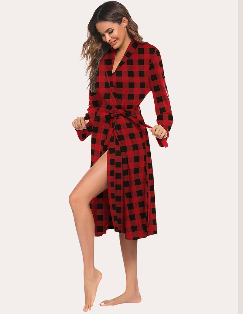 Plaid soft knit kimono bathrobe with tie belt and V-neck front