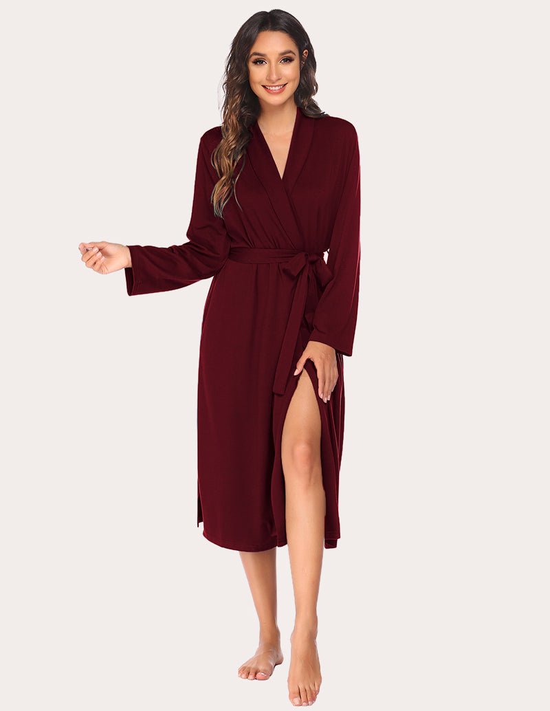 Wine red soft knit kimono bathrobe with tie belt and V-neck collar
