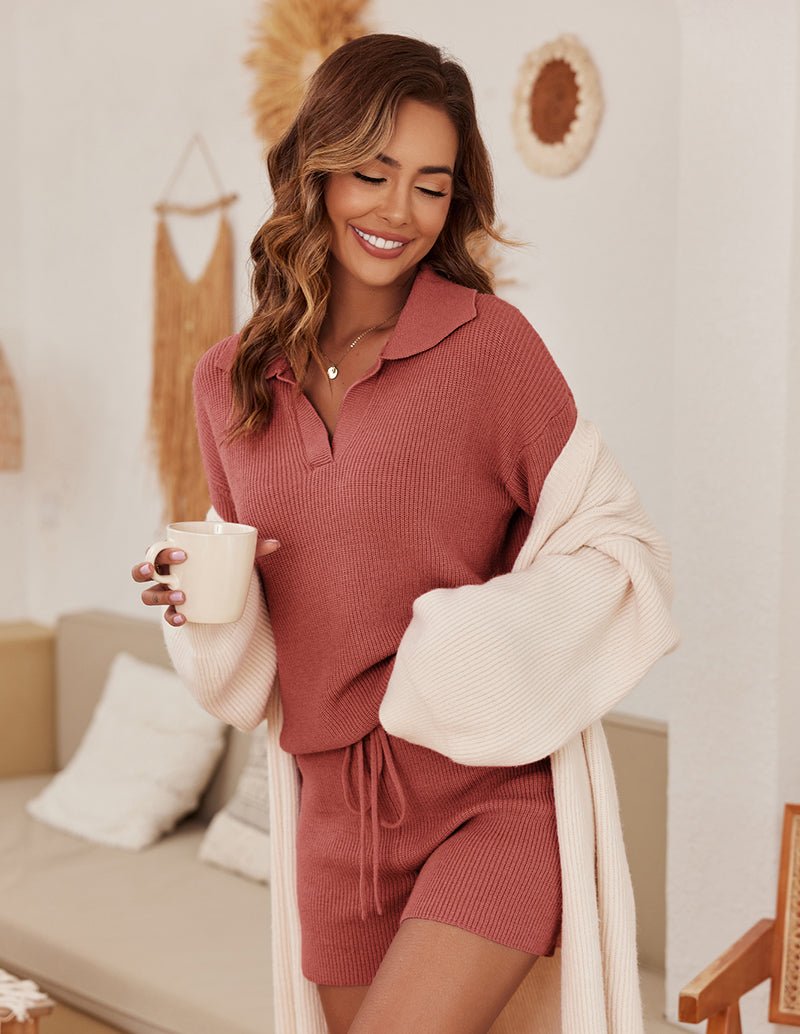 Brown soft knit pajama set with long-sleeve quarter-zip top and drawstring shorts