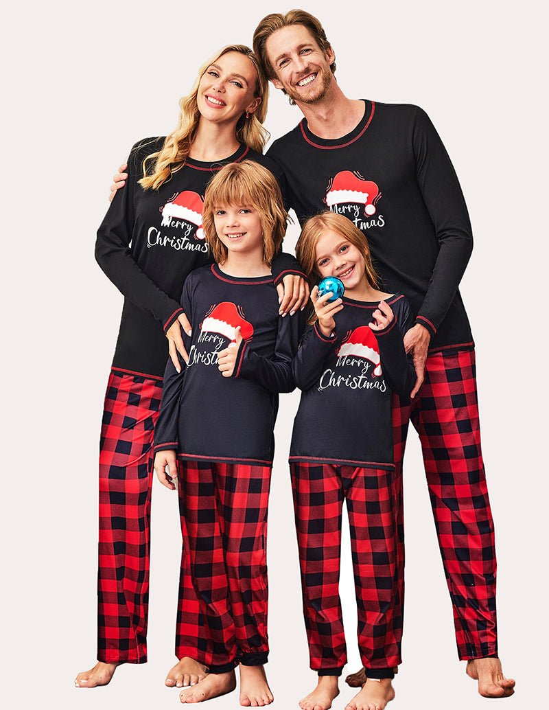 Christmas family pajama set: navy tops with “Merry Christmas”, red plaid pants
