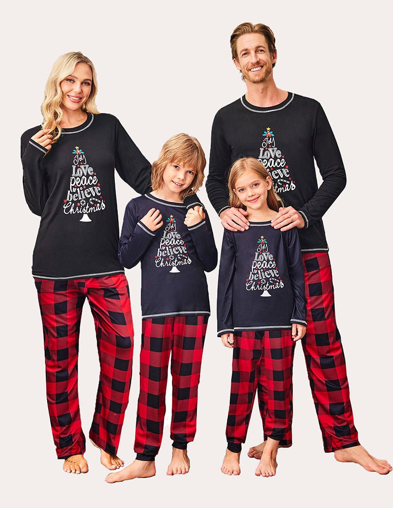 Christmas family pajama set: navy tops with holiday text, red plaid pants