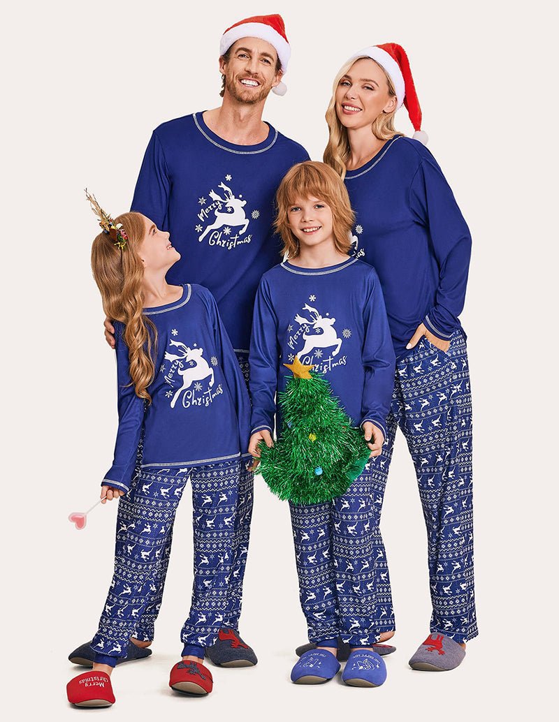Christmas family pajama set: blue tops with “Merry Christmas”, blue patterned pants