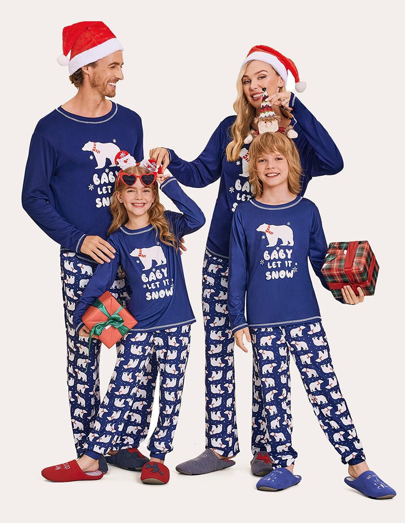 Christmas family pajama set: blue tops with “Baby let it snow”, blue patterned pants
