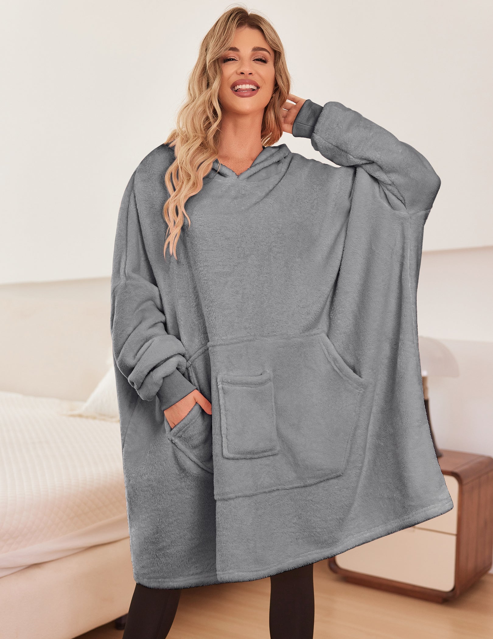 Light grey oversized hooded bathrobe with front pouch pockets and long sleeves