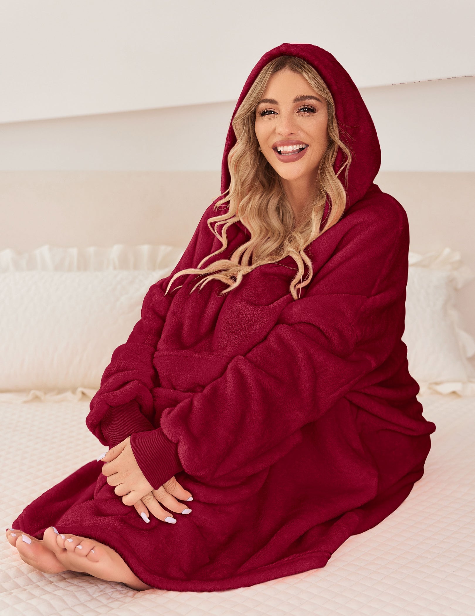 Wine red oversized hooded bathrobe with wide sleeves and belt