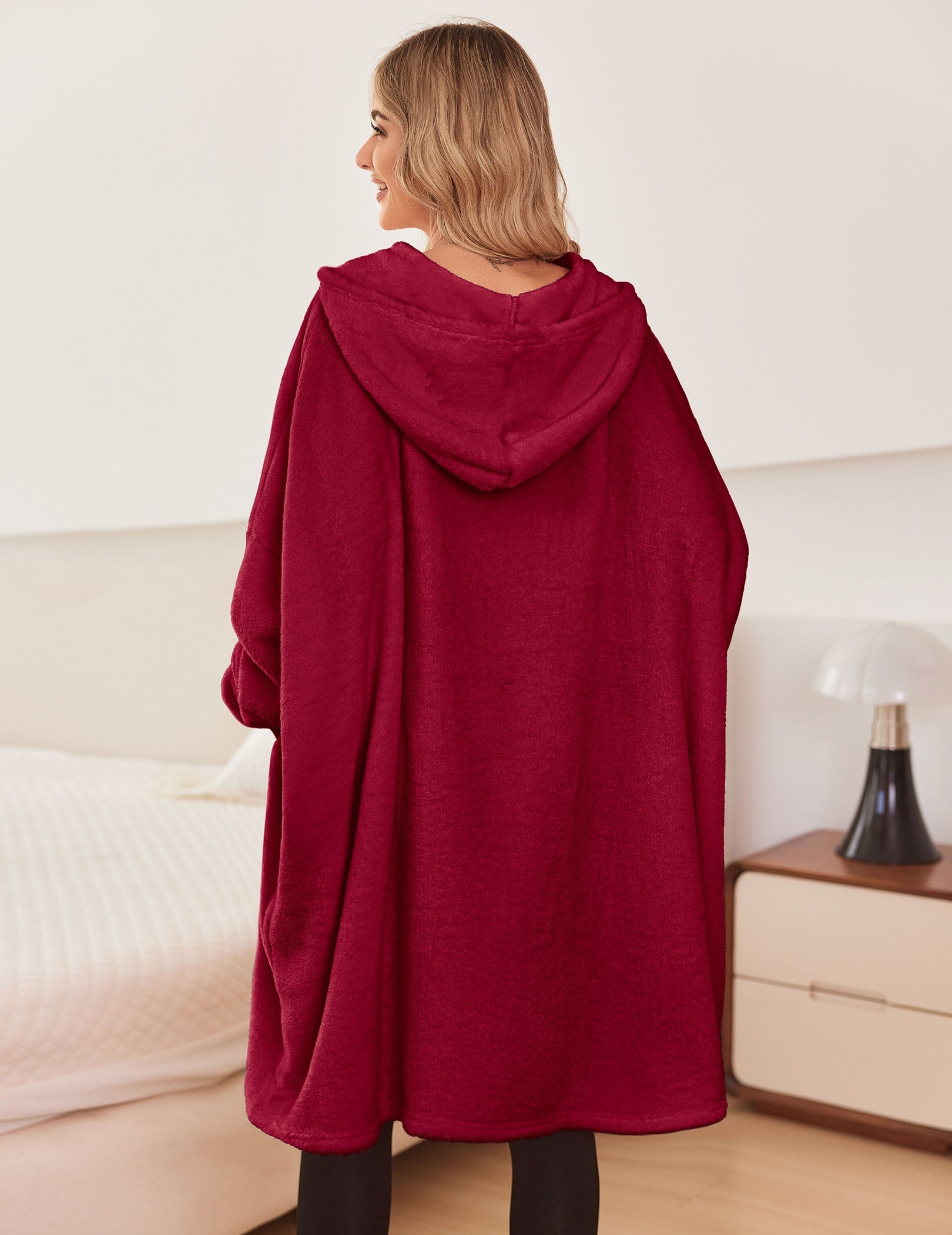 Wine red oversized hooded bathrobe, back view with hood and long sleeves