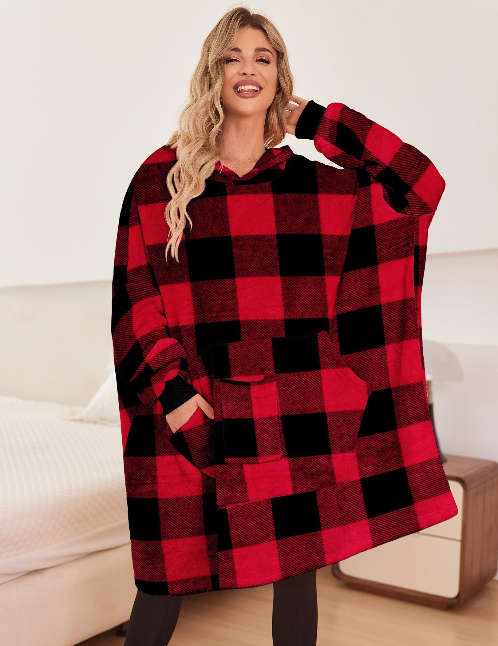 Red-and-black plaid oversized hooded bathrobe with front pouch pockets and long sleeves