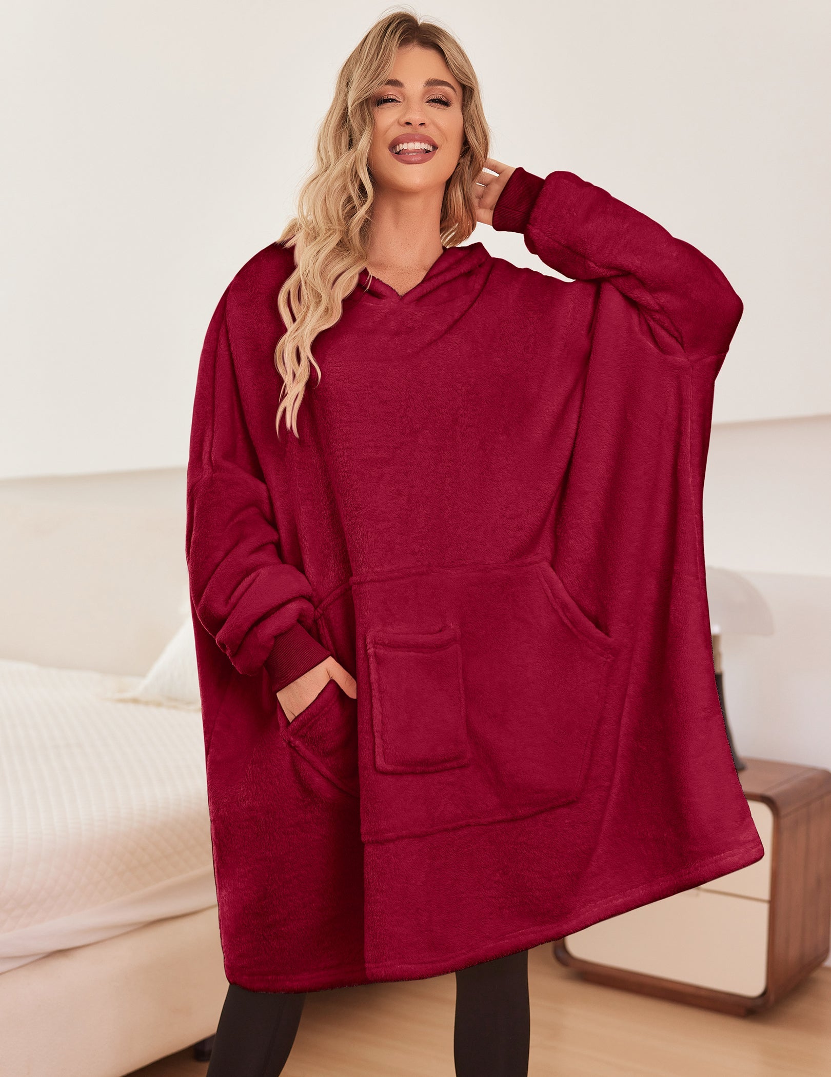 Wine red oversized hooded bathrobe with front pouch pockets and long sleeves