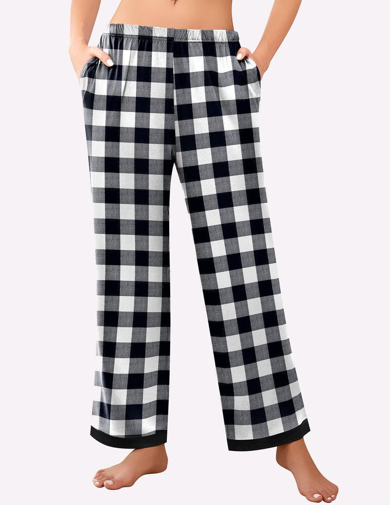 Black and white buffalo plaid pajama pants with elastic waistband and cuffed hem