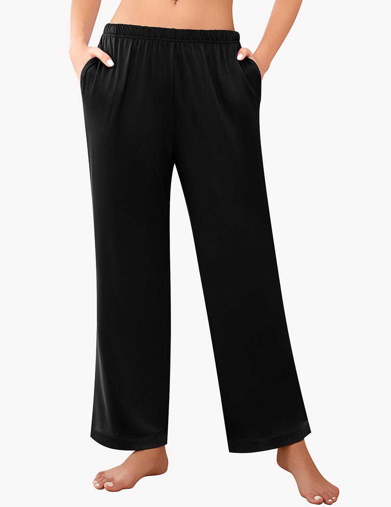Black soft pajama lounge pants with elastic waistband and wide straight legs