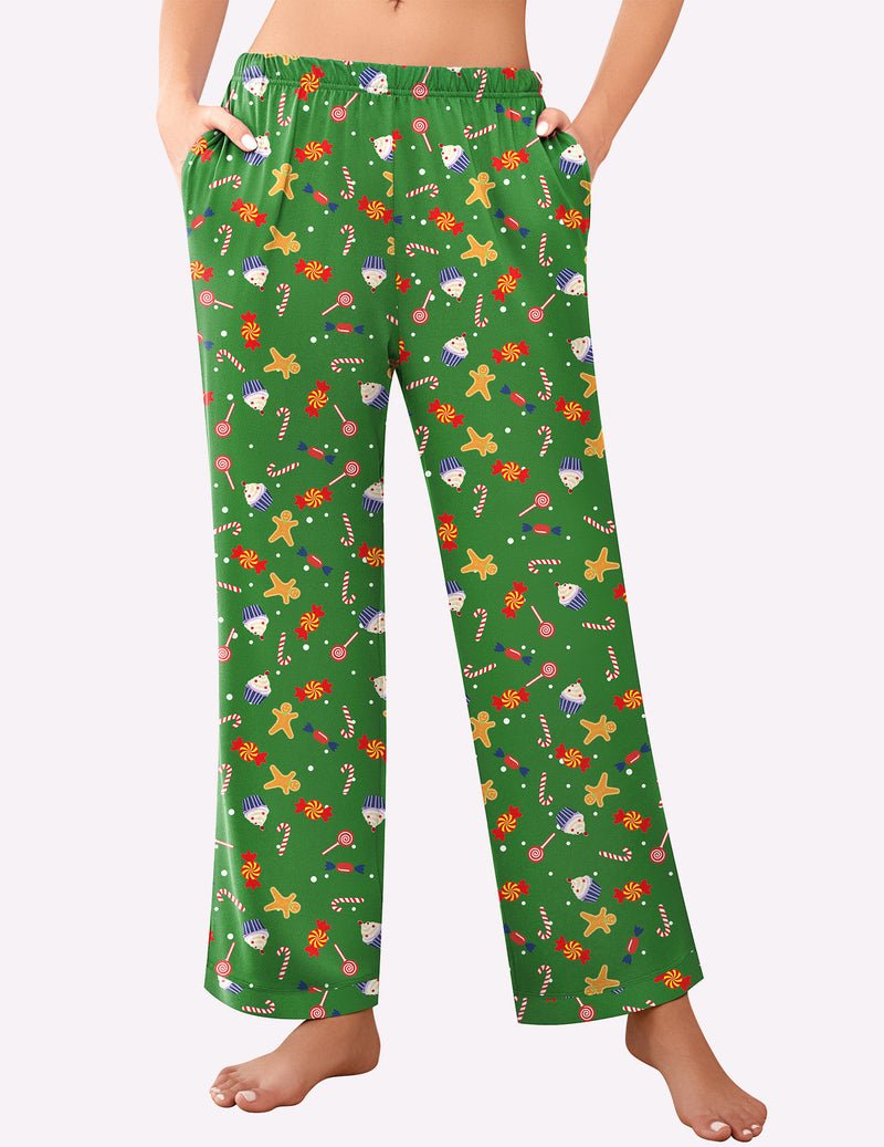 Green Christmas pajama pants with festive pattern, elastic waistband, relaxed straight legs