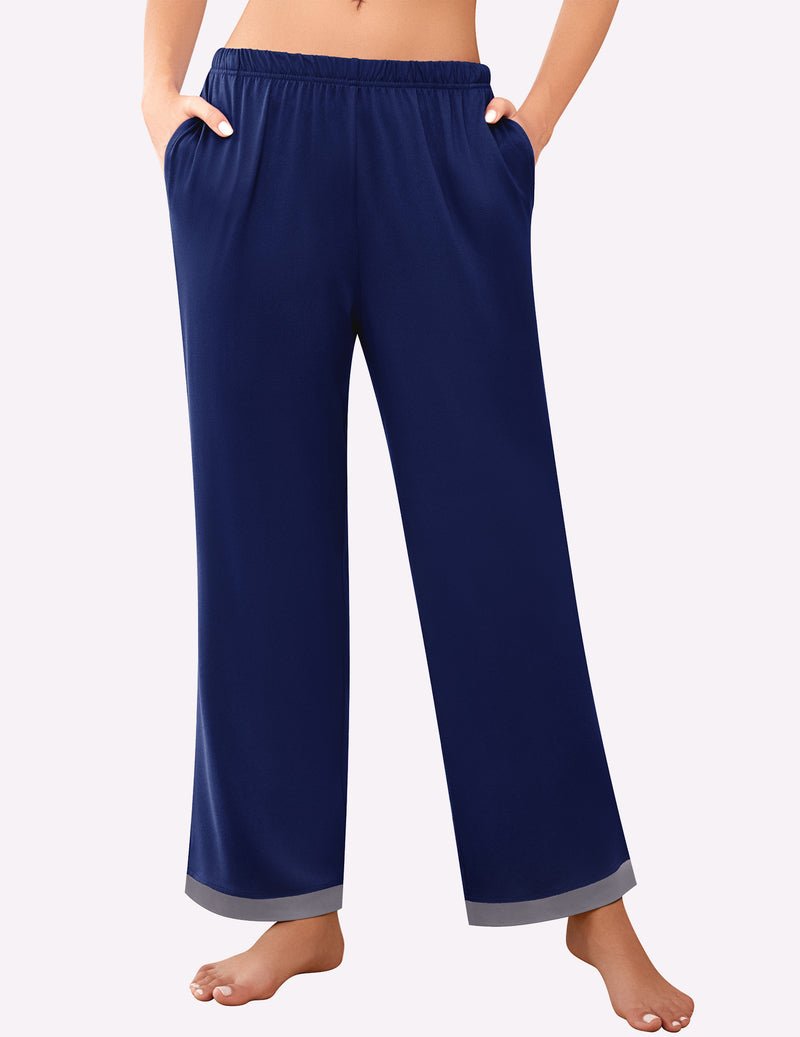 Navy blue soft pajama lounge pants with elastic waist and wide straight legs