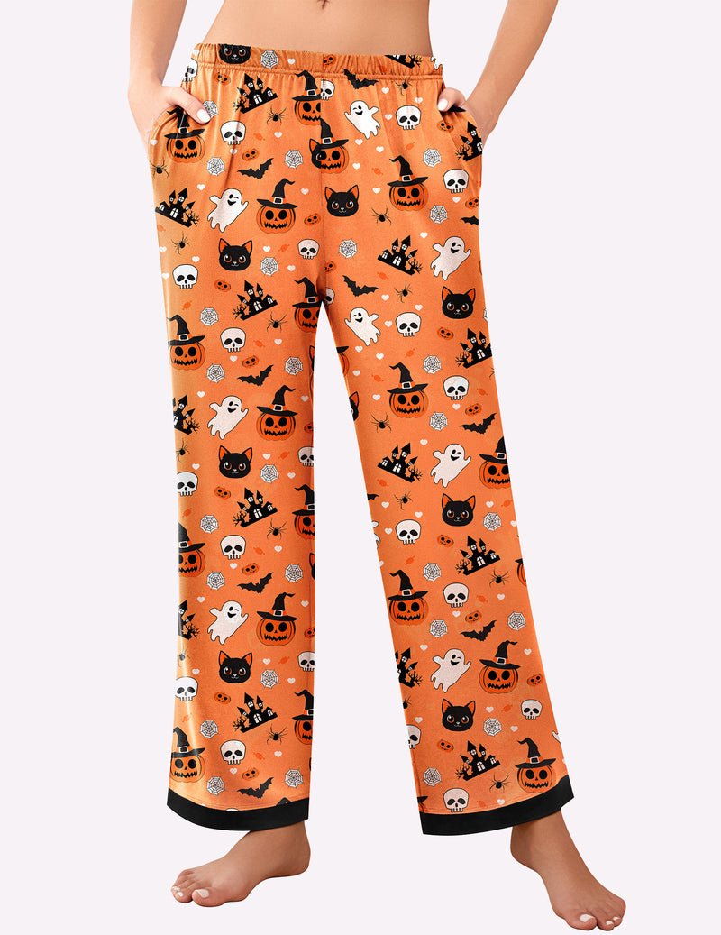 Orange Halloween print pajama lounge pants with elastic waist and wide straight legs
