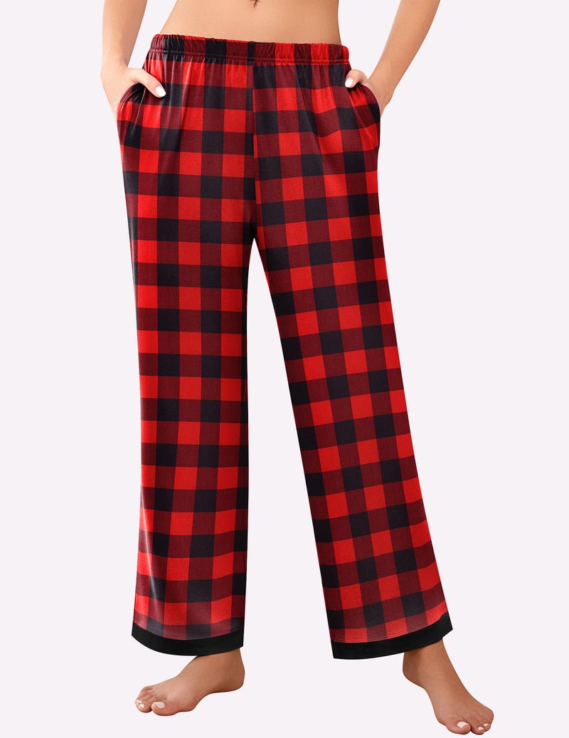 Red and black buffalo plaid pajama pants with elastic waistband and cuffed hem