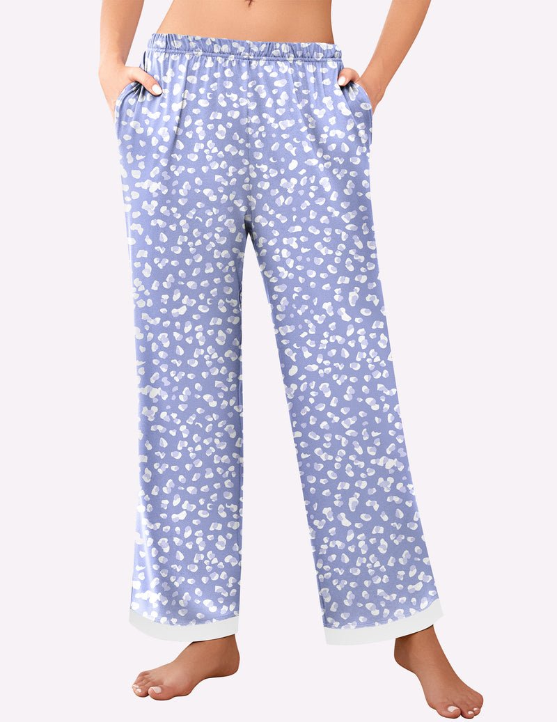 Light blue pajama pants with white animal print, elastic waistband and cuffed hem