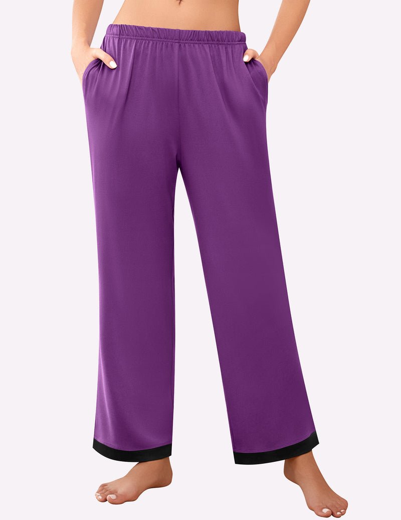 Purple soft pajama lounge pants with elastic waist and wide straight legs